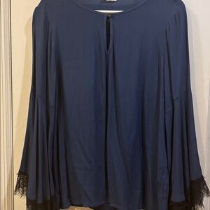 SUZY D OF LONDON NAVY BLUE BLOUSE LONG BELL SLEEVE WITH BLACK LACE AT END SIZE L